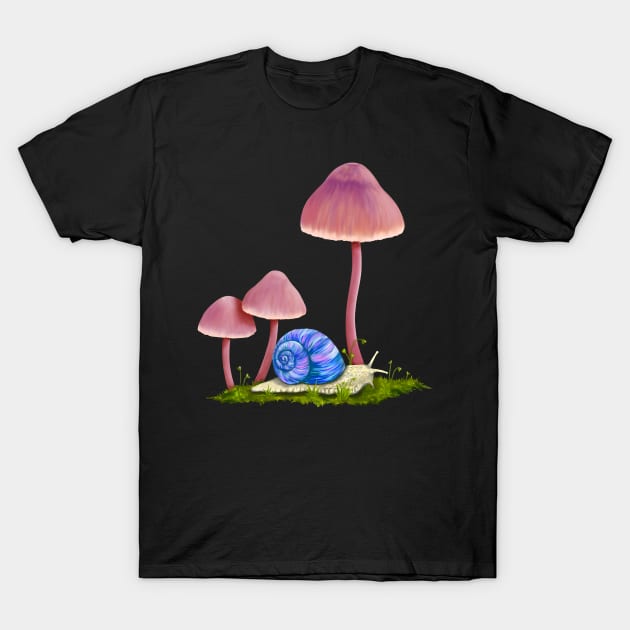 Whimsical Snail and Mushrooms T-Shirt by Kraina